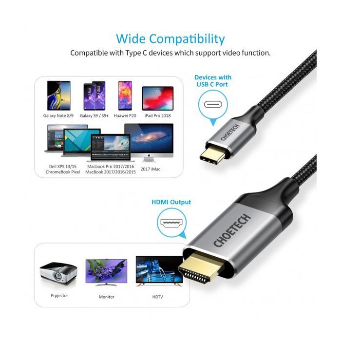 Кабель мультимедійний USB-C to HDMI 1.8m 4K 60Hz Choetech (CH0021-BK) зображення 6