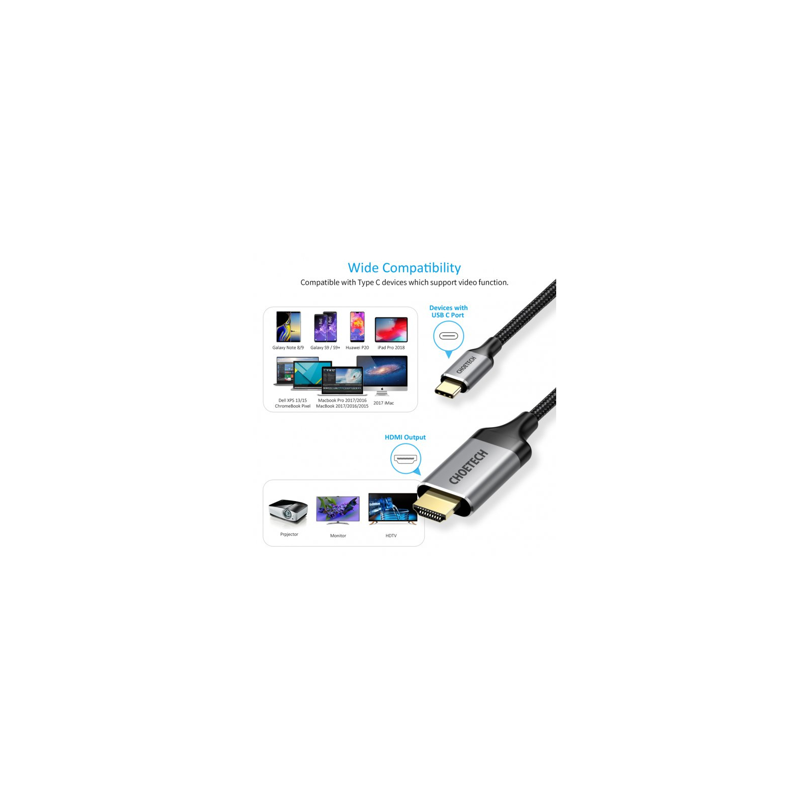 Кабель мультимедійний USB-C to HDMI 1.8m 4K 60Hz Choetech (CH0021-BK) зображення 6