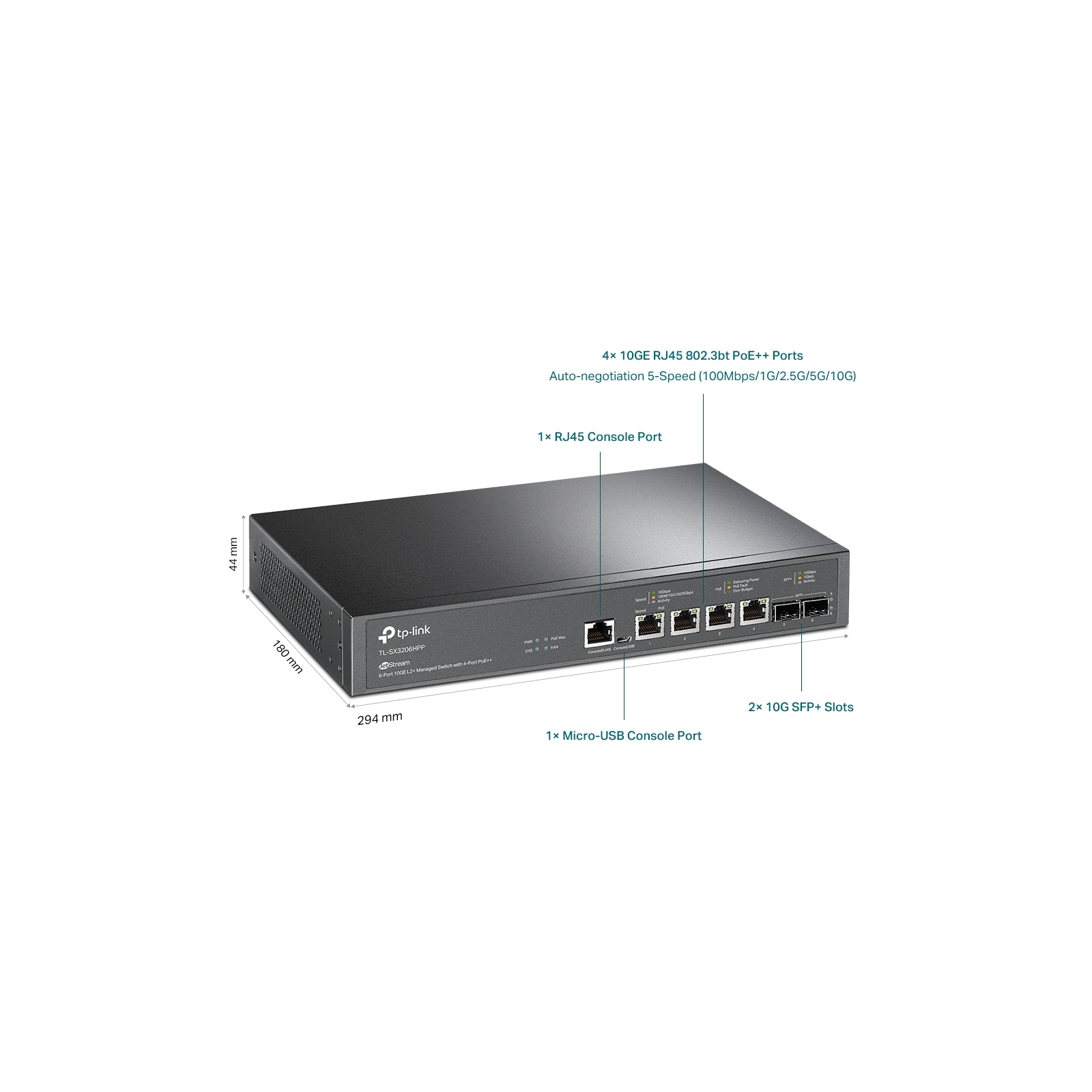 Комутатор мережевий TP-Link TL-SX3206HPP 2xSFP+ (10GE) 4x10GE LAN console+microUSB L2 JetStream 19" 1U (TL-SX3206HPP) зображення 4