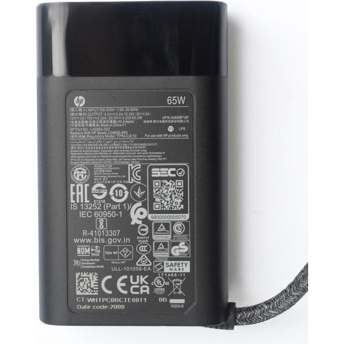 Блок живлення до ноутбуку HP 65W 20V, 3.25A + 15V, 4.33A + 12V, 5A + 9V, 3A + 5V, 3A, USB type-C (TPN-CA10 / A40370) зображення 3
