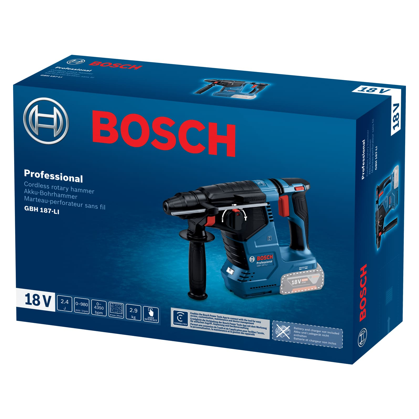 Перфоратор Bosch GBH 187-LI Professional 18 В, SDS-Plus, 2.4 Дж, 980 об/хв (без АКБ та ЗП) (0.611.923.020) зображення 15