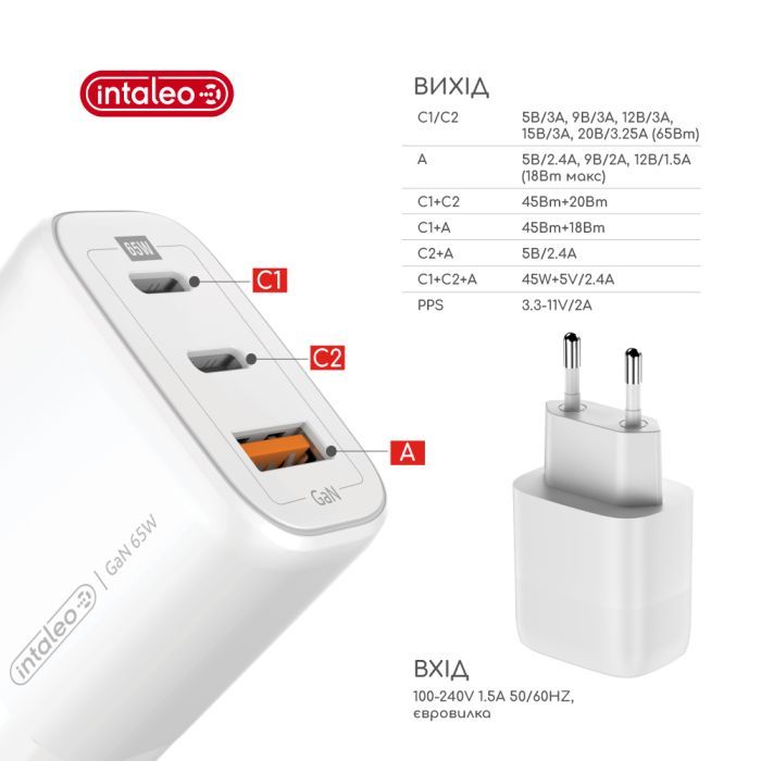 Зарядний пристрій Intaleo 65W GAN 2USB-C PD+USB-A QC 3.0 white (1283126559525) зображення 3