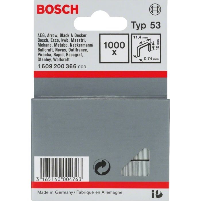Скобы для строительного степлера Bosch тип 53, 10х11.4х0.74мм, 1000шт (1.609.200.366)