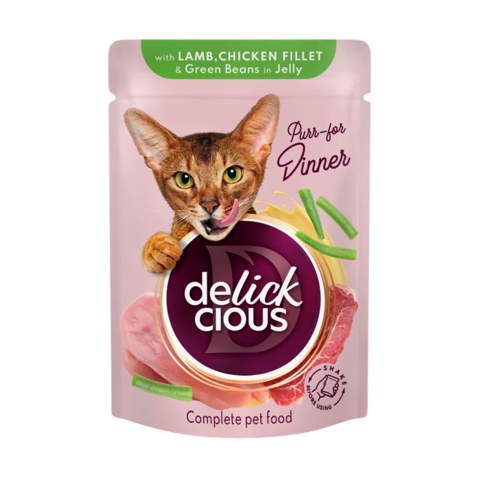 Влажный корм для кошек Delickcious Кусочки с ягнятиной, куриным филе и фасолью спаржевой в желе 85 г (4820269143128)