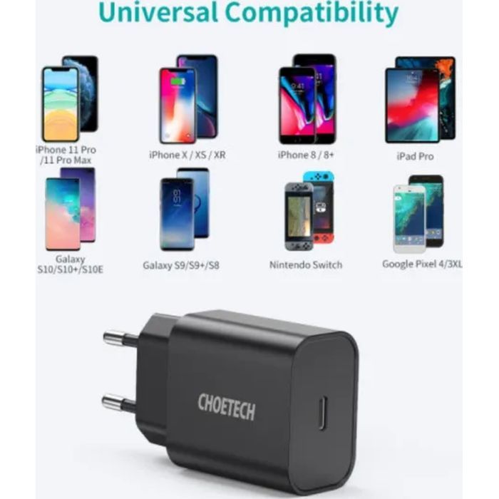 Зарядний пристрій Choetech 1xUSB 20W (1 USB-C) PD matte wall charger black (Q5004-EU-BK) зображення 5
