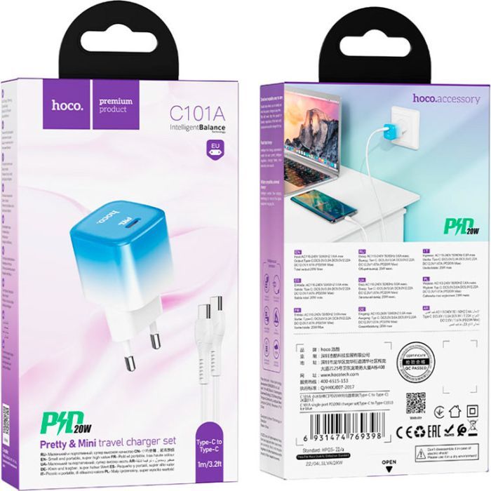 Зарядний пристрій HOCO C101A USB-C PD20W + cable USB-C to USB-C Ice Blue (6931474769398) зображення 7