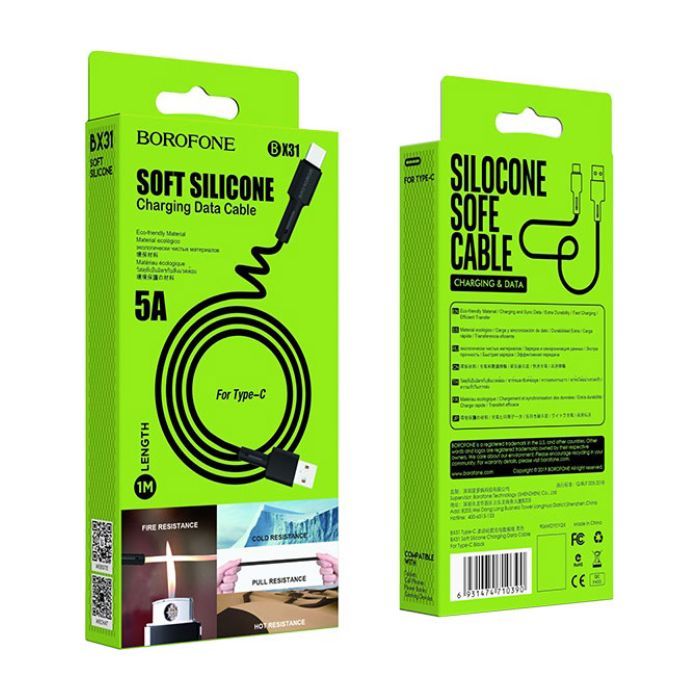 Дата кабель USB 2.0 AM to USB-C 1.0m 3A silicone BX31 black BOROFONE (6931474710390) изображение 3