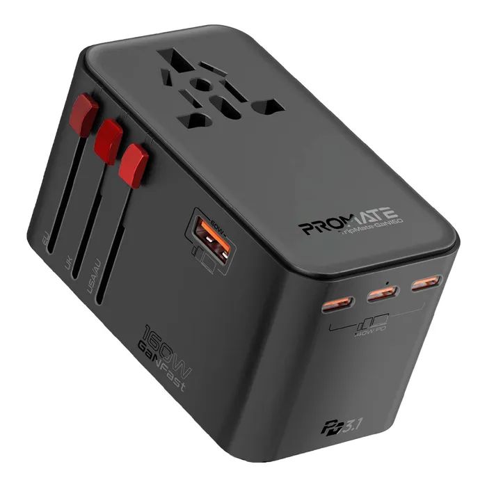 Зарядний пристрій Promate tripmate-gan160 3xUSB-C PD + USB-A QC 160W GaN Black (tripmate-gan160)