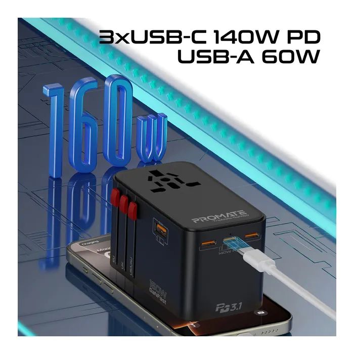 Зарядний пристрій Promate tripmate-gan160 3xUSB-C PD + USB-A QC 160W GaN Black (tripmate-gan160) зображення 5