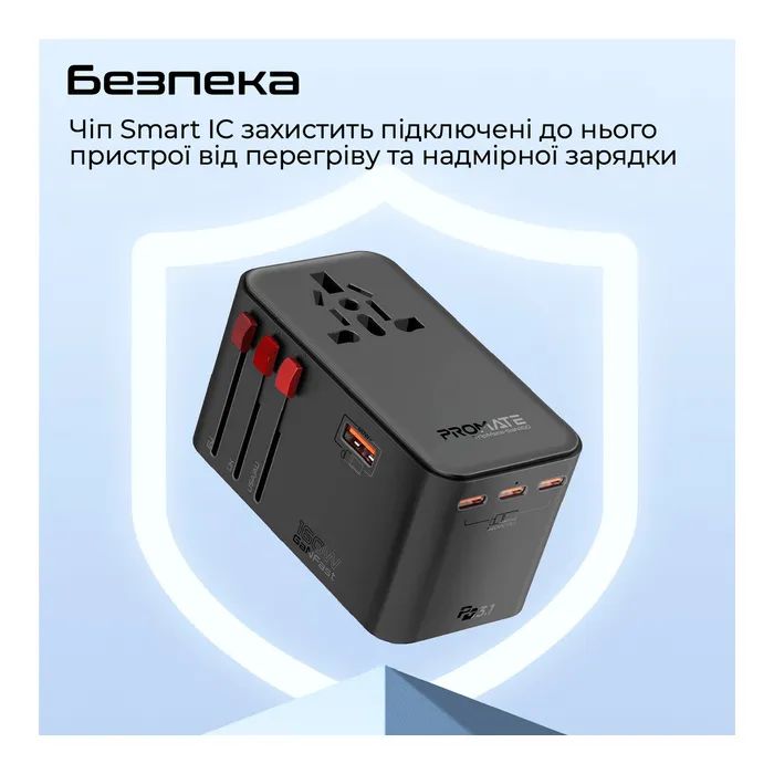 Зарядний пристрій Promate tripmate-gan160 3xUSB-C PD + USB-A QC 160W GaN Black (tripmate-gan160) зображення 6
