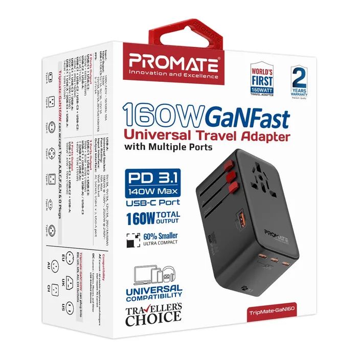 Зарядний пристрій Promate tripmate-gan160 3xUSB-C PD + USB-A QC 160W GaN Black (tripmate-gan160) зображення 8