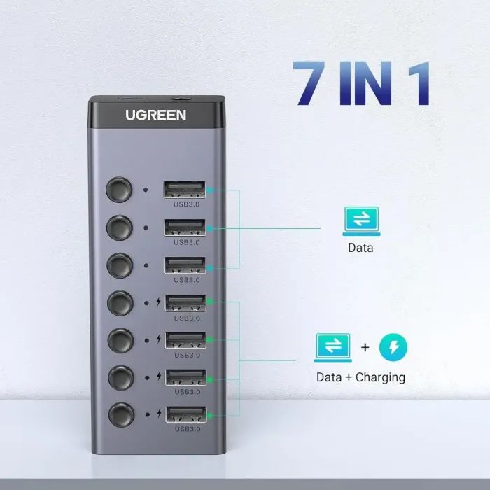 Концентратор Ugreen USB 3.0 to 7xUSB 3.0 with power supply CM481 gray (90307) изображение 2