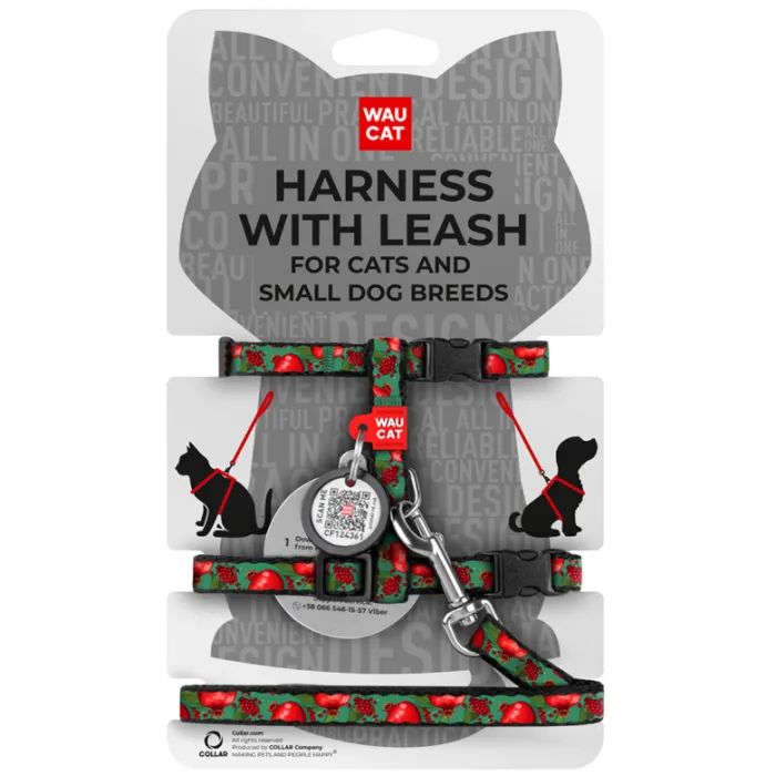 Шлея для котів Waucat Nylon з QR паспортом "Гранати" пластиковий фастекс (329-4052)