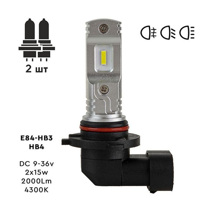 Автолампа PULSO E84-HB3/HB4/ 2835/9-36v/2x15w/2000Lm/4300K (E84-HB3/HB4Y) изображение 2