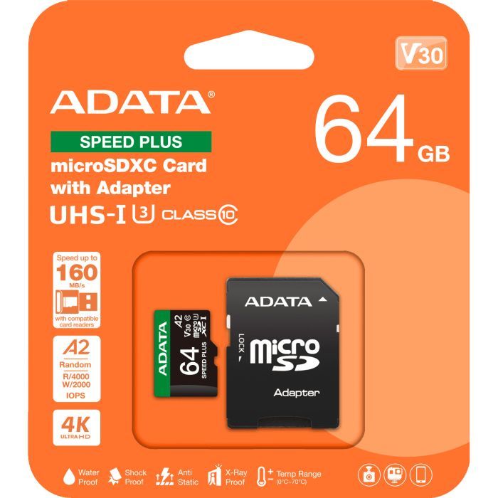 Карта памяти ADATA 64GB microSD class 10 UHS-I U3 V30 A2 Speed Plus (UD64GUI3V30A2SP-RA1) изображение 3