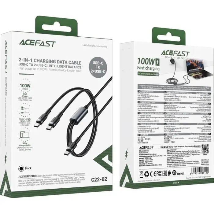 Дата кабель USB-C to 2xUSB-C 1.2m 100W nylon black Acefast (6974316285120) изображение 5