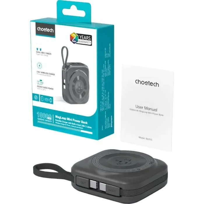 Батарея универсальная Choetech Magnetic Wireless 10000mAh, 22.5W, PD, build USB-C, Apple Watch charger (B697C-BKGY) изображение 4