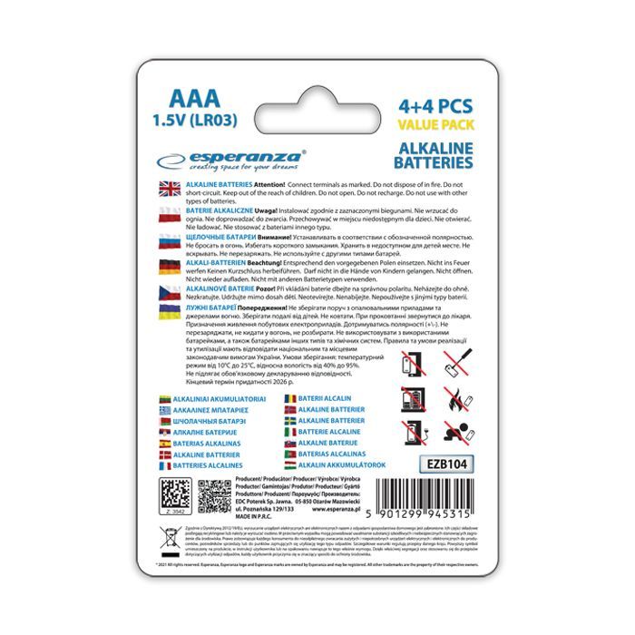 Батарейка Esperanza AAA LR03 Alkaline * 8 (EZB104) изображение 4