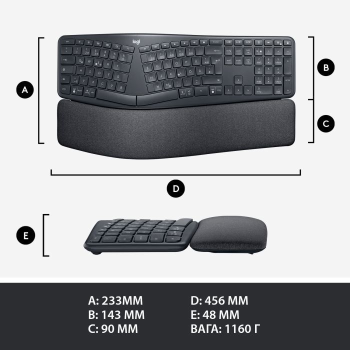 Клавиатура Logitech ERGO K860 Bluetooth/Wireless UA Black (920-010108) изображение 12