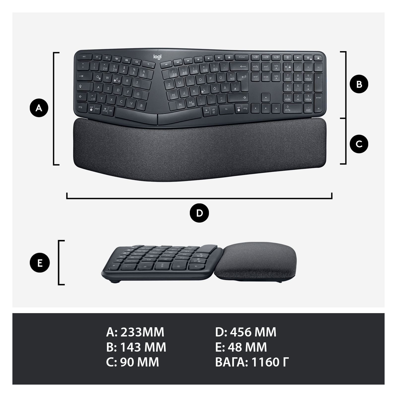Клавіатура Logitech ERGO K860 Bluetooth/Wireless UA Black (920-010108) зображення 12
