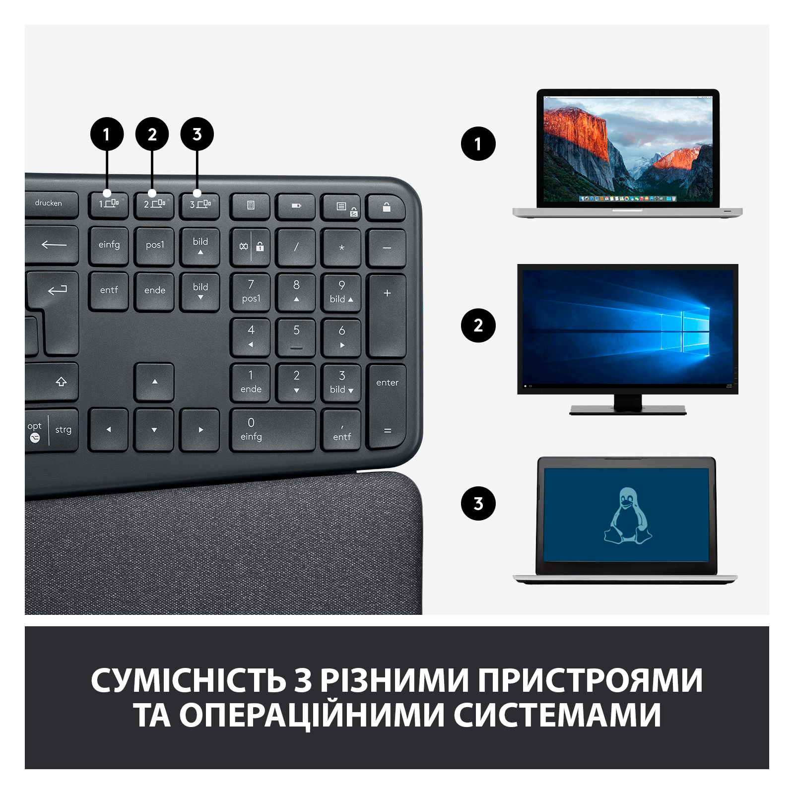 Клавиатура Logitech ERGO K860 Bluetooth/Wireless UA Black (920-010108) изображение 9