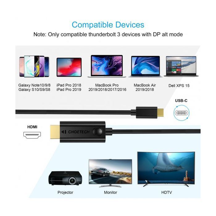 Кабель мультимедийный USB-C to HDMI 3.0m 4K 30Hz Choetech (XCH-0030BK) изображение 4