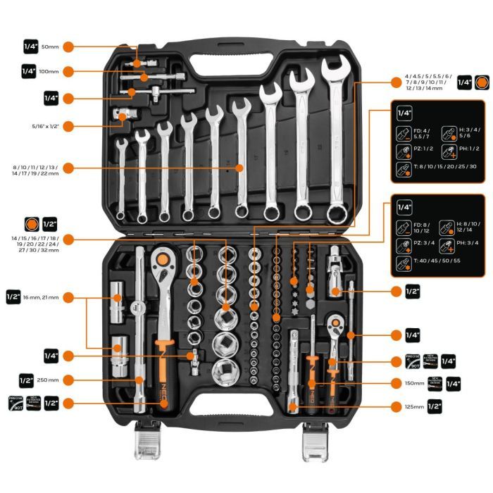 Набор инструментов Neo Tools 82шт, 1/2", 1/4", CrV, кейс (10-059) изображение 2