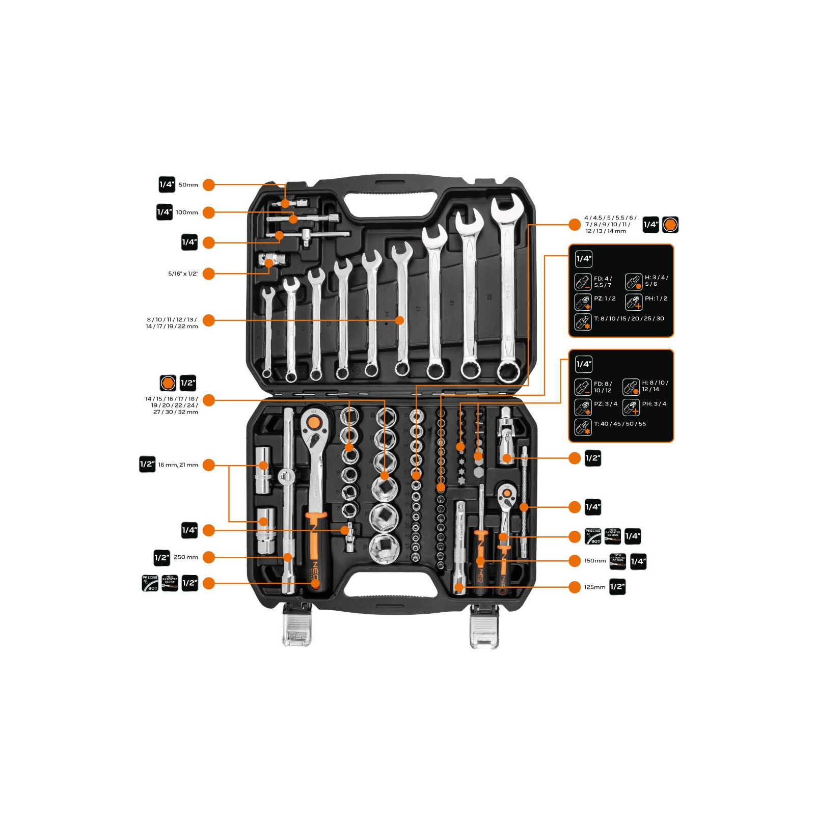 Набор инструментов Neo Tools 82шт, 1/2", 1/4", CrV, кейс (10-059) изображение 2