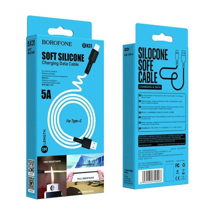 Дата кабель USB 2.0 AM to USB-C 1.0m 3A silicone BX31 white BOROFONE (6931474710406) изображение 4