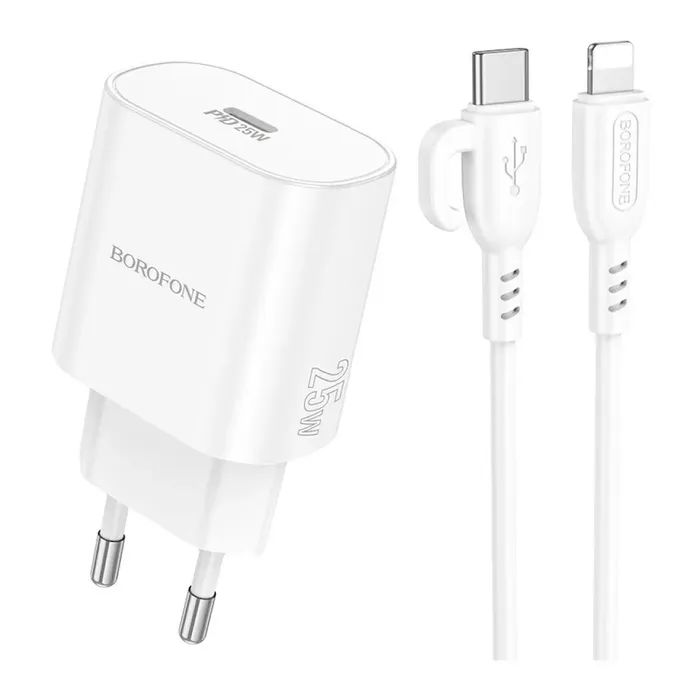 Зарядное устройство BOROFONE BA82A Platinum USB-C PD25W + cable USB-C to Lightning White (6941991112263)