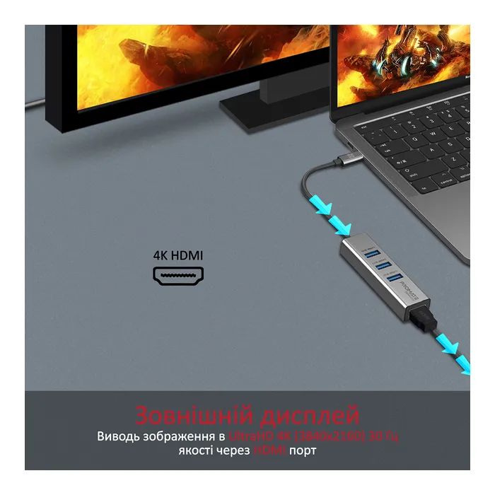 Концентратор Promate USB-C 4-in-1 порти Promate mediahub-c3.grey (mediahub-c3.grey) зображення 2