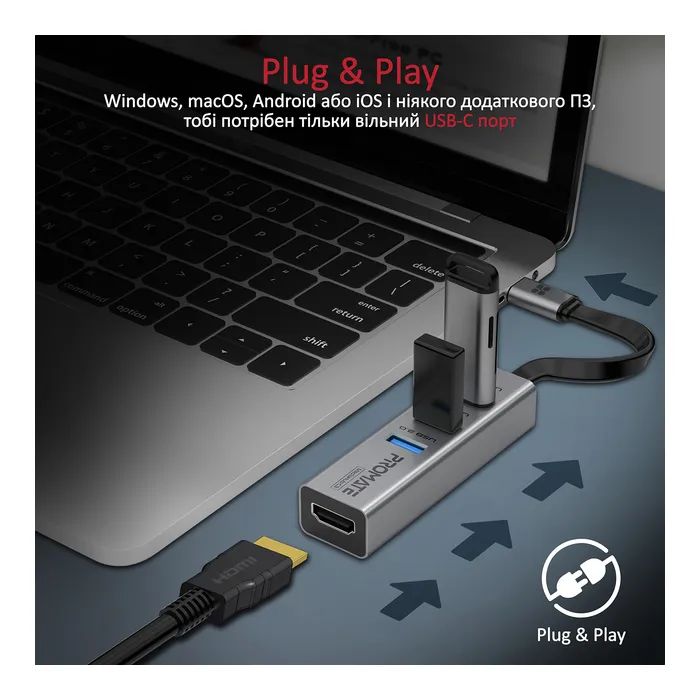 Концентратор Promate USB-C 4-in-1 порти Promate mediahub-c3.grey (mediahub-c3.grey) зображення 4