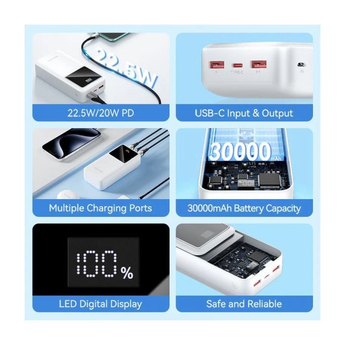 Батарея универсальная Vention 30000mAh 22.5W 3A, PD, QC/3.0, LED Display, White (FHMW0) изображение 5