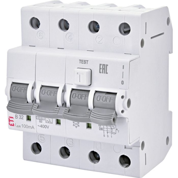 Дифференциальный автоматический выключатель ETI KZS-4M 3p+N C 16/0,03 тип AC (6kA)