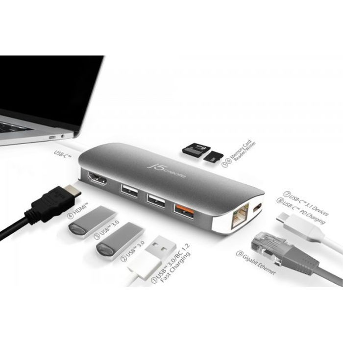Порт-реплікатор J5create Dock-Station USB-C 9-in-1 (хаб/HDMI/PD/картридер) (JCD383-N) зображення 8