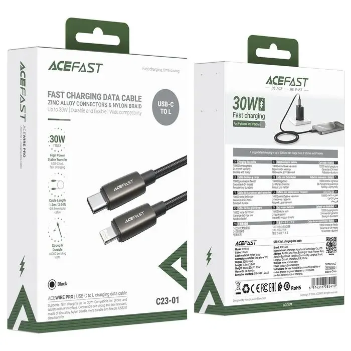 Дата кабель USB 2.0 AM to Lightning 1.2m 30W nylon black Acefast (6974316285410) изображение 5