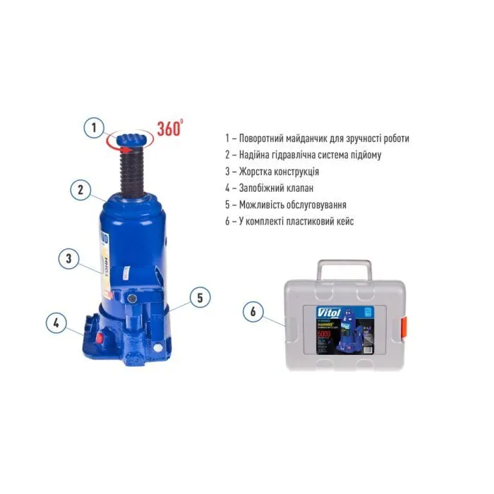 Домкрат Iron Hand IH-185355D-K, телескопічний, гідравлічний, 5т, min 185мм, max 358мм, валіза (IH-185355D-K) зображення 6