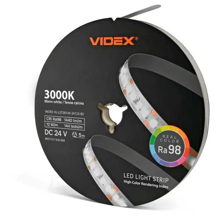 Світлодіодна стрічка Videx DC24V 60W 5M 3000K Ra98 IP20 5м (VL-LST28144-24123-B5)