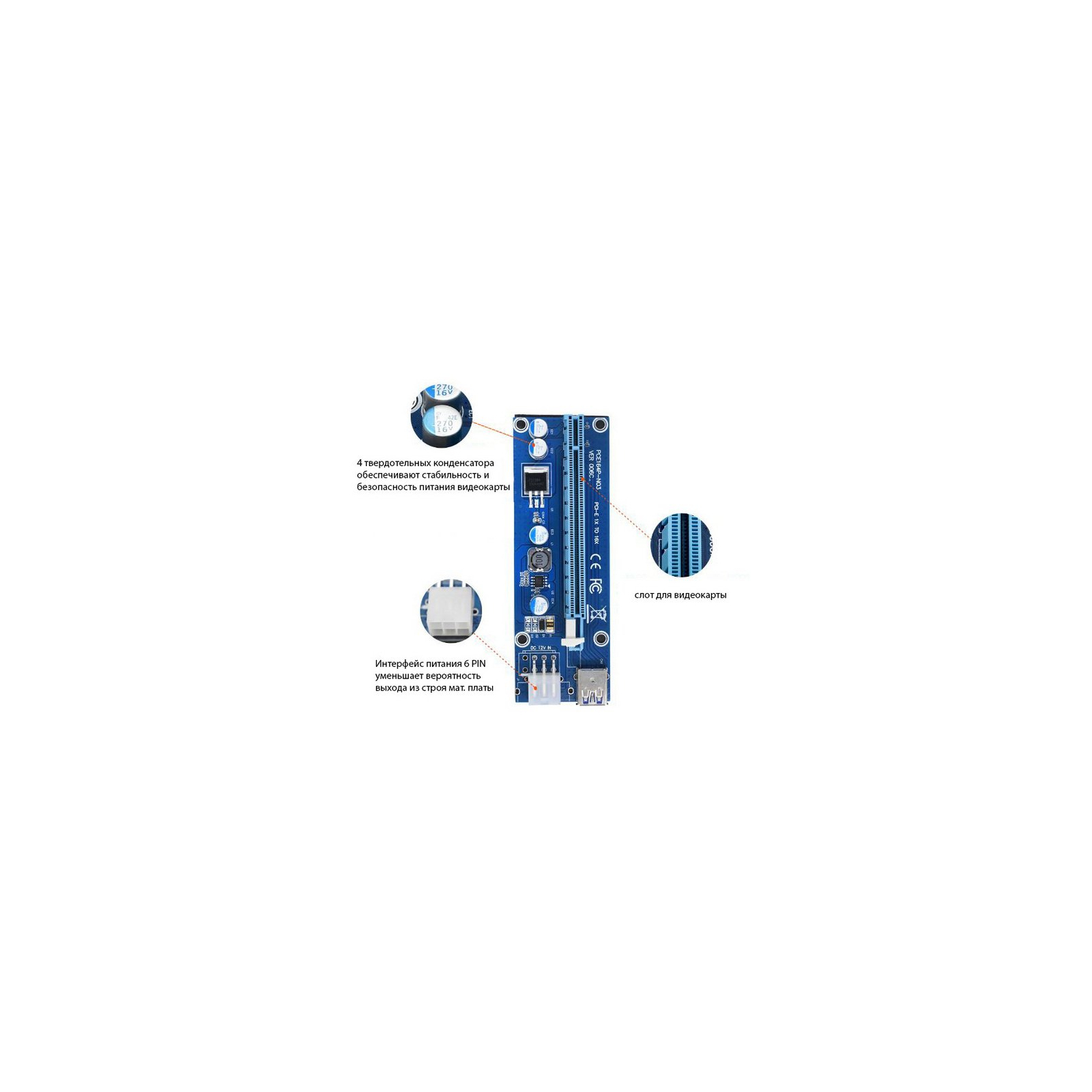 Райзер PCI-E x1 to 16x 60cm USB 3.0 Cable SATA to 6Pin Power v.006C Dynamode (RX-riser-006c 6 pin) изображение 5