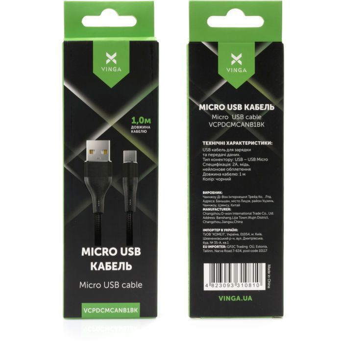 Дата кабель USB 2.0 AM to Micro 5P 1.0m cylindric nylon black Vinga (VCPDCMCANB1BK) изображение 4