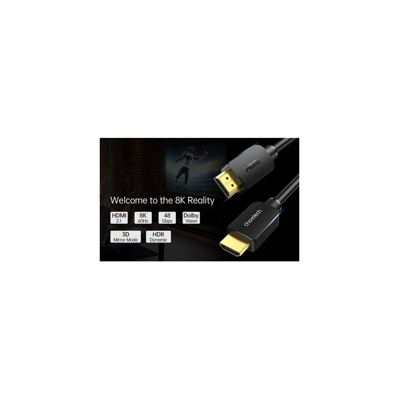 Кабель мультимедійний HDMI to HDMI 2.0m V.2.1 8K 60Hz HDR10 HLG 48Gbps YUV 444 Choetech (XHH-TP20) зображення 4