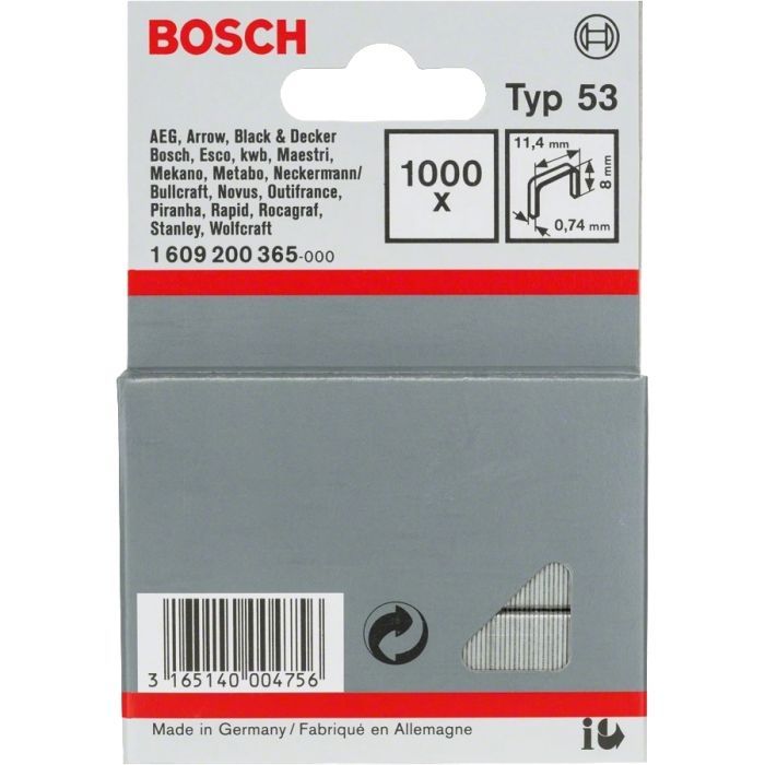 Скобы для строительного степлера Bosch тип 53, 8х11.4х0.74мм, 1000шт (1.609.200.365)