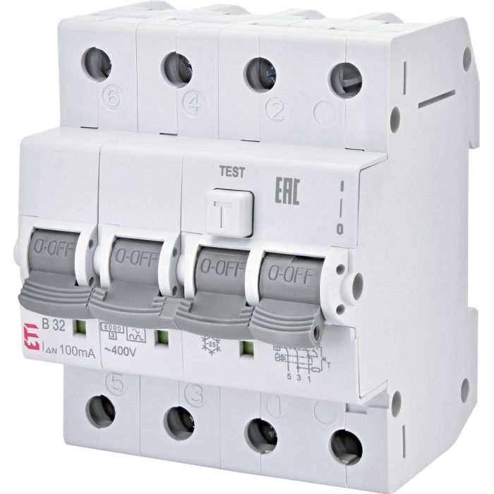 Дифференциальный автоматический выключатель ETI KZS-4M 3p+N C 20/0,03 тип AC (6kA)