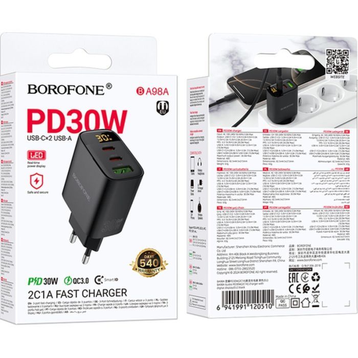 Зарядное устройство BOROFONE BA98A 2xUSB-C PD30W + 1xUSB 18W digital display black (6941991120510) изображение 2