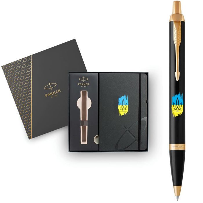 Ручка кулькова Parker IM 17 UKRAINE Black GT BP Тризуб фігурний на тлі прапора + блокнот+подар.упаковка GIFT24 (22032b24_T1026u) зображення 6