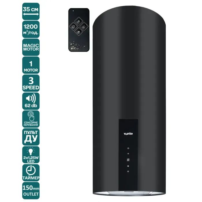 Витяжка кухонна Ventolux ISOLA CILINDRO 35 BK (1200) TRC MM зображення 2