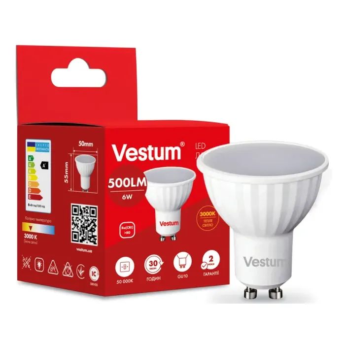 Лампочка Vestum MR16 6W 3000K 220V GU10 (1-VS-1505)
