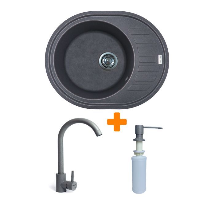 Мийка кухонна Adamant Ovum сірий + змішувач + дозатор (1824296900404)