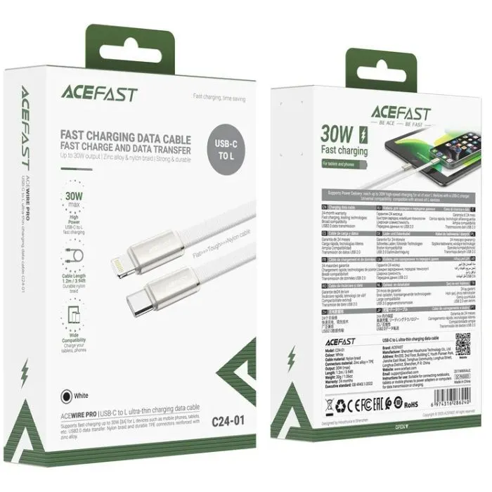 Дата кабель USB 2.0 AM to Lightning 1.2m 30W nylon white Acefast (6974316286240) изображение 5