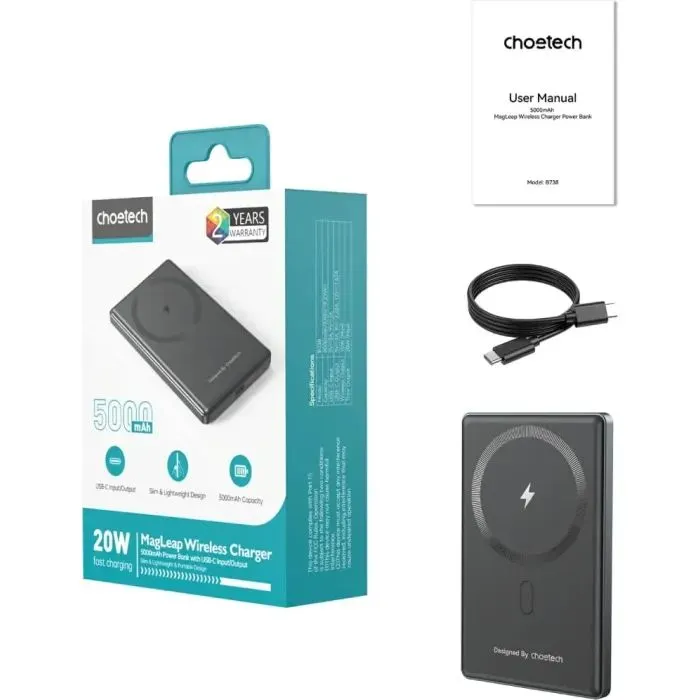 Батарея універсальна Choetech Magnetic Wireless 5000mAh, 20W, PD, Qi-15W, Black (B738-CCBK) зображення 4